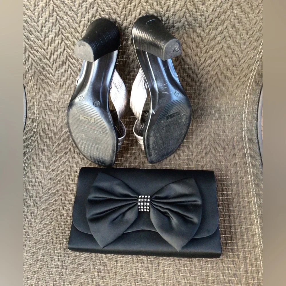 Black Satin Bowed Rhinestone Evening Bag Clutch